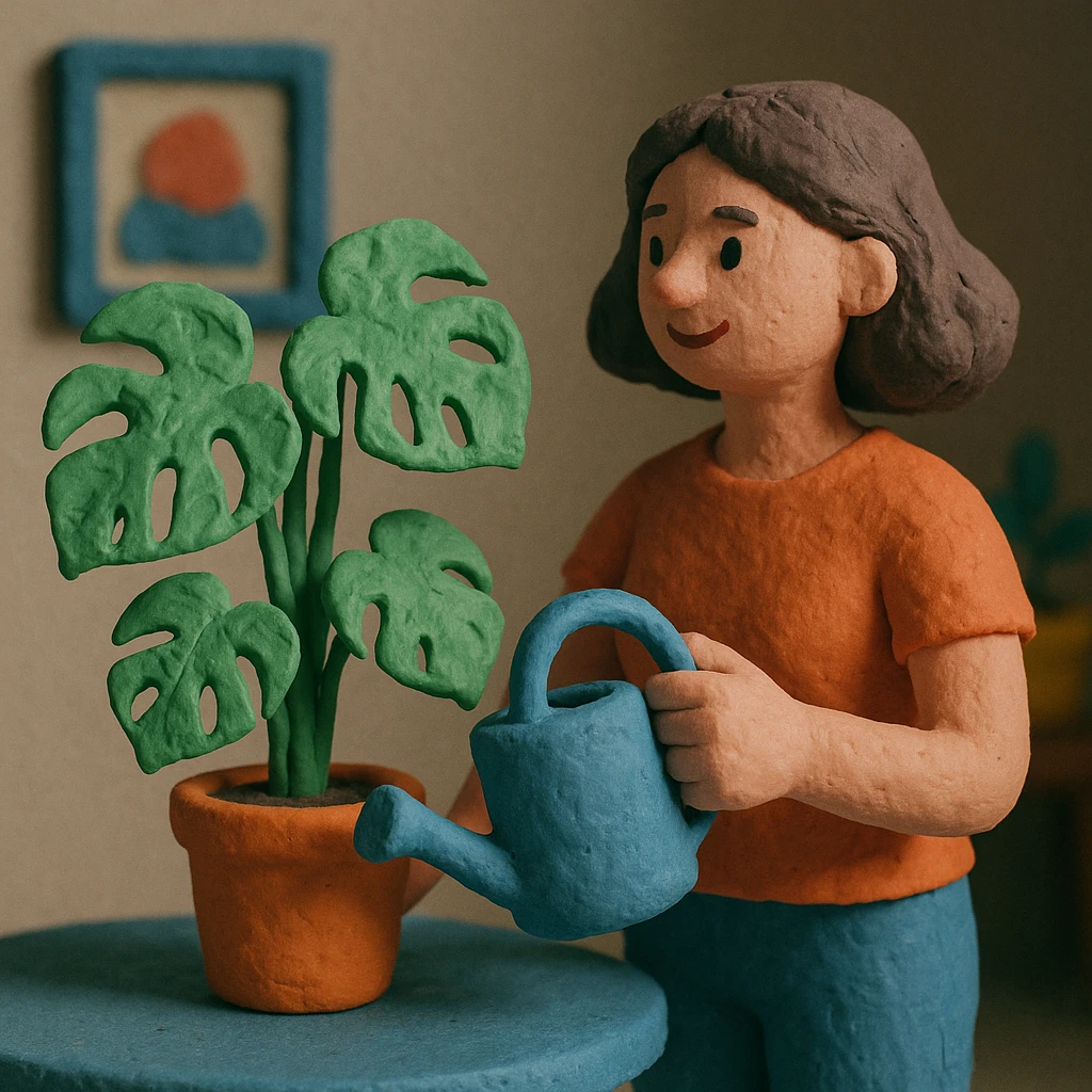 woman watering her monstera plant emoji
