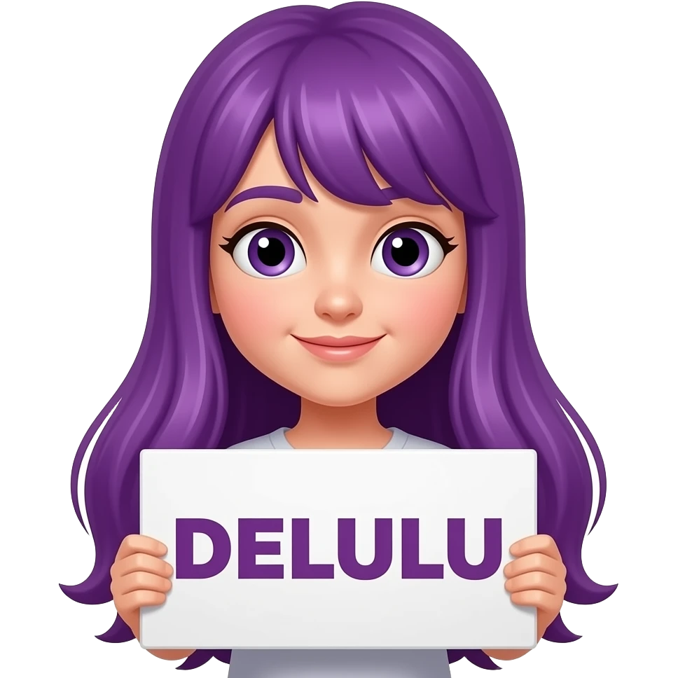 girl with long purple hair with a DELULU sign emoji