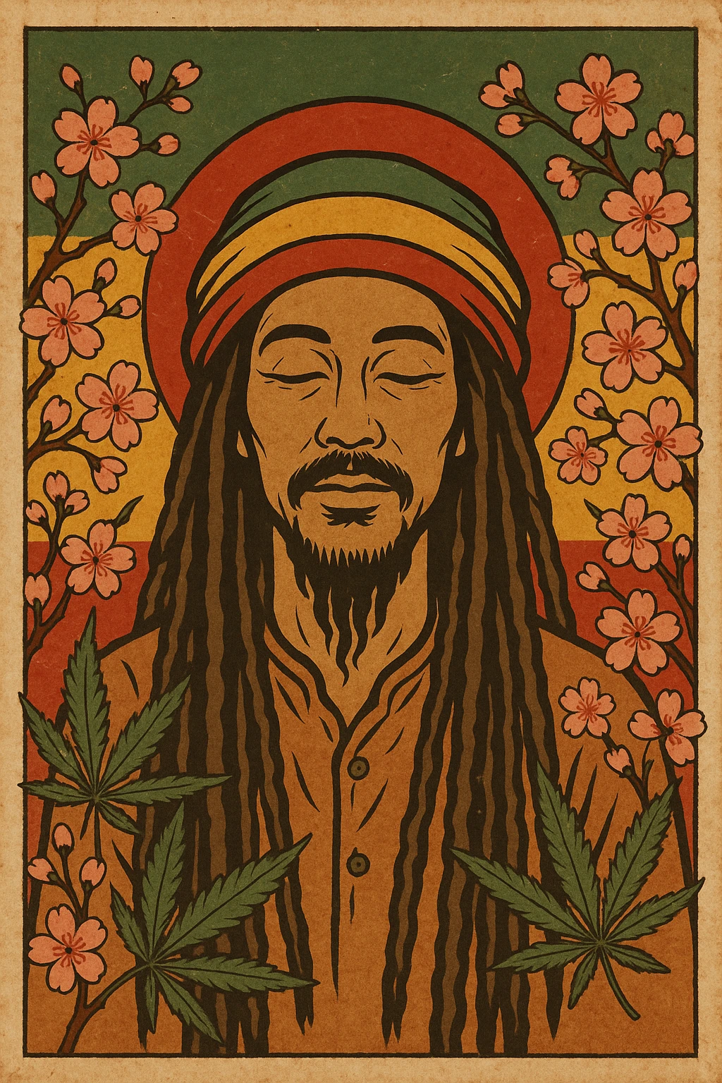 Vintage poster of an Asian Rasta with long dreadlocks, peaceful eyes, and a red-gold-green tam. Surrounded by cherry blossoms and ganja leaves. Background blends Rasta colors into an Asian flag (e.g., red sun from Japan or Chinese star). Retro reggae fusion vibe, with bold lines and aged paper texture.
 emoji