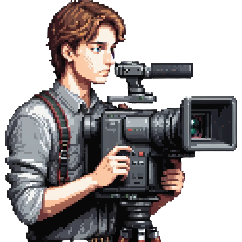 cinéaste de profil ou 3/4 tenant une vraie caméra broadcast professionnelle, œil dans l’œilleton, cadrant devant lui, plan taille à tête emoji