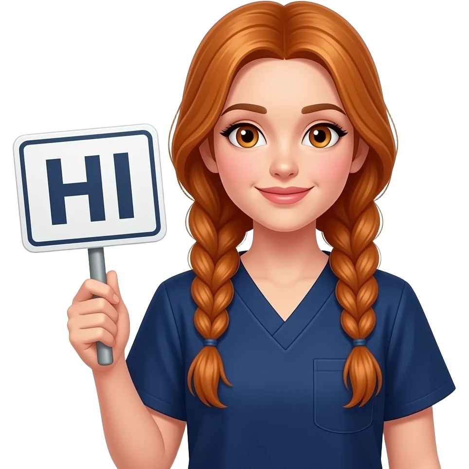 sexy girl with long ginger braids and ginger eyes wearing a dark blue scrubs is holding a sign with HI written on it emoji