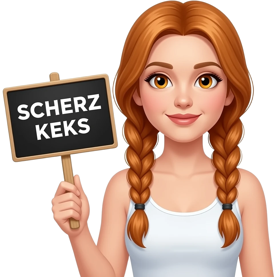 sexy girl with long ginger braids and ginger eyes wearing a white tanktop is holding a black sign with SCHERZ KEKS written on it emoji