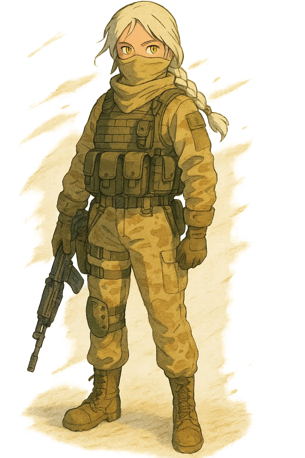 1 female, gold yellow eyes, long white hair, braid, sandstorm soldier, pmc emoji