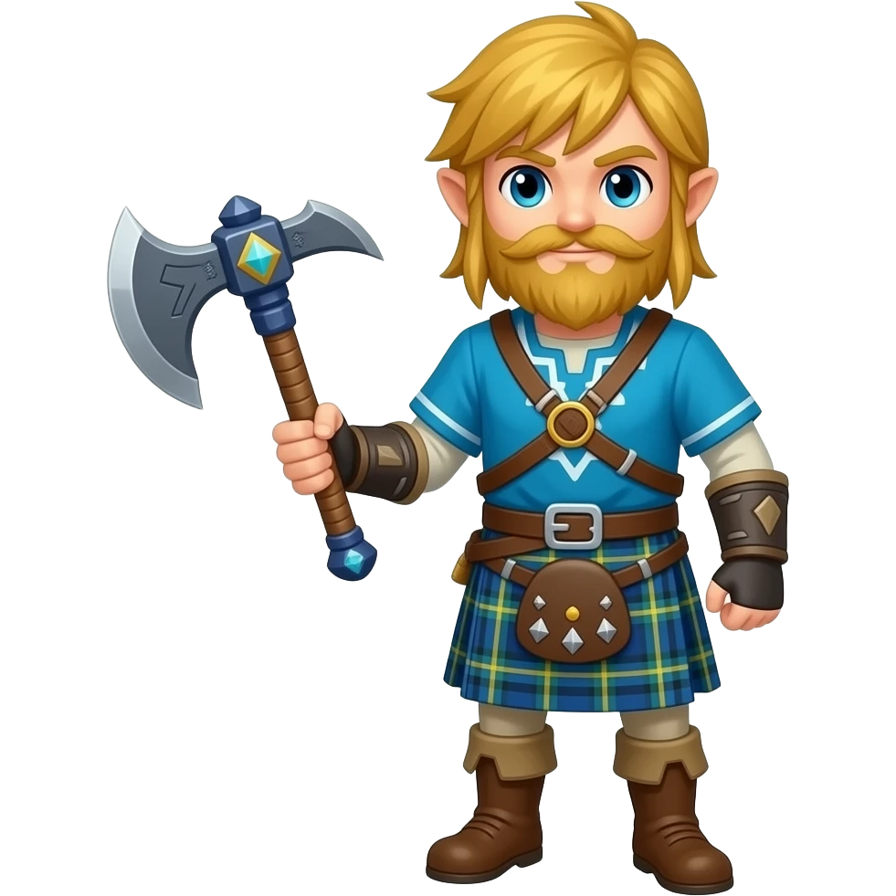 Link zelda in a Scottish kilt with a big ginger beard holding a diamond pickaxe emoji