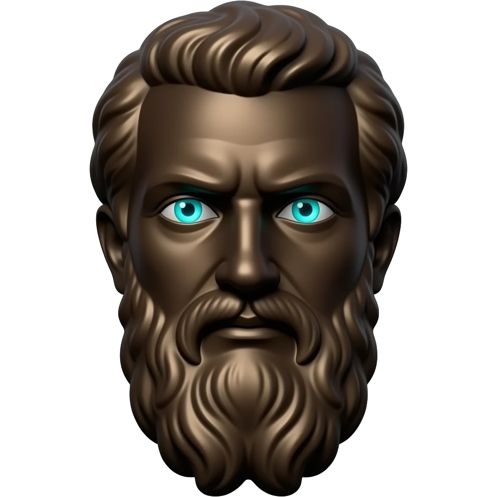 Dark bronze Greek philosopher statue head, intense gaze, eyes illuminated in bioluminescent cyan (#00D4B1). Dramatic lighting from below, transparent background, 3D render, emoji style." emoji