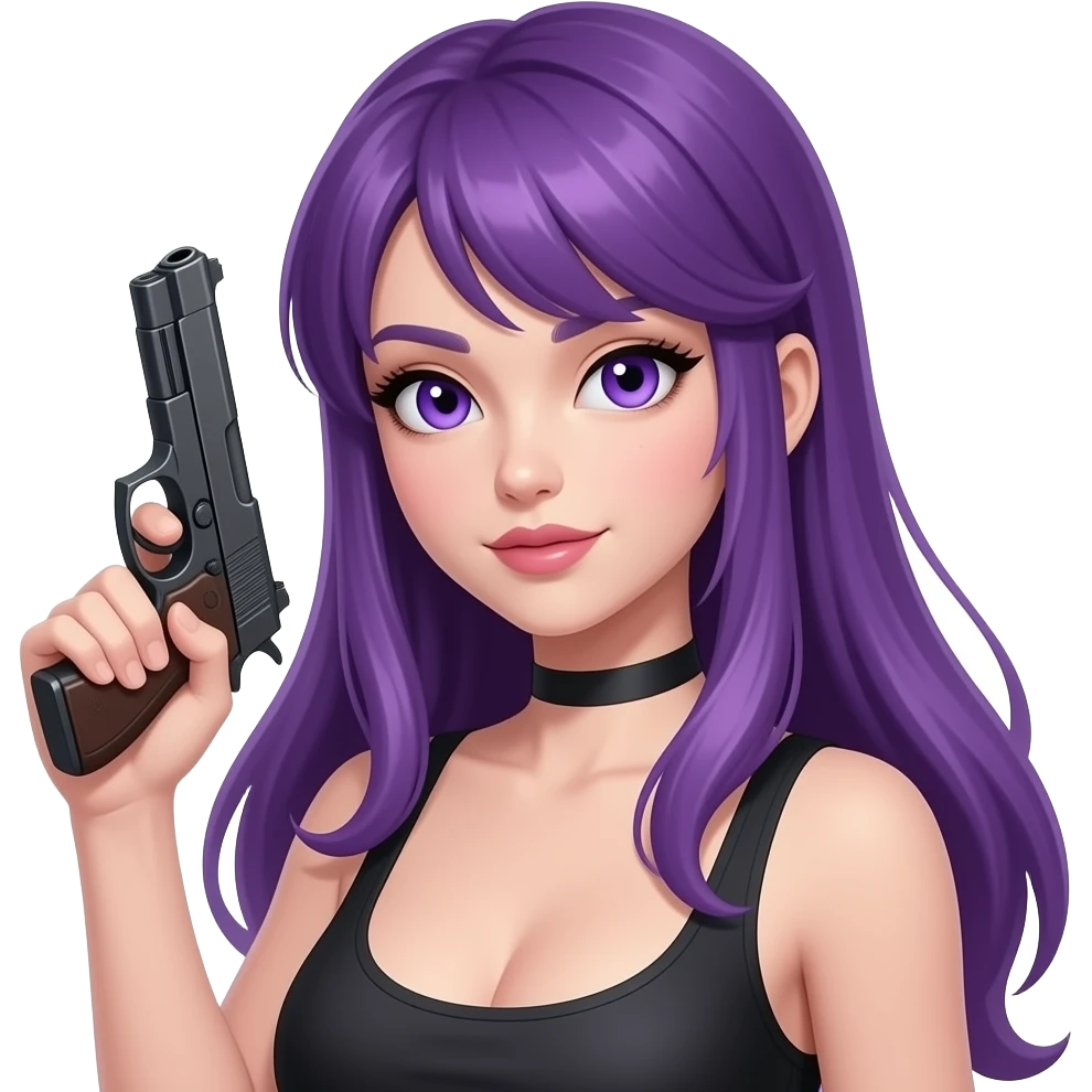 sexy girl with long purple hair and purple eyes holds a gun emoji