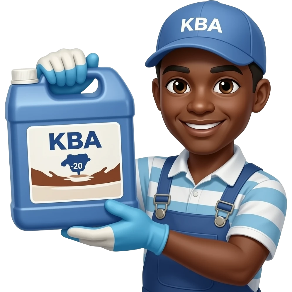 Afriacn Bile juice collector worker with 20 litre blue jerrican labed KBA full off bovine bile juice with blue and white gloves emoji