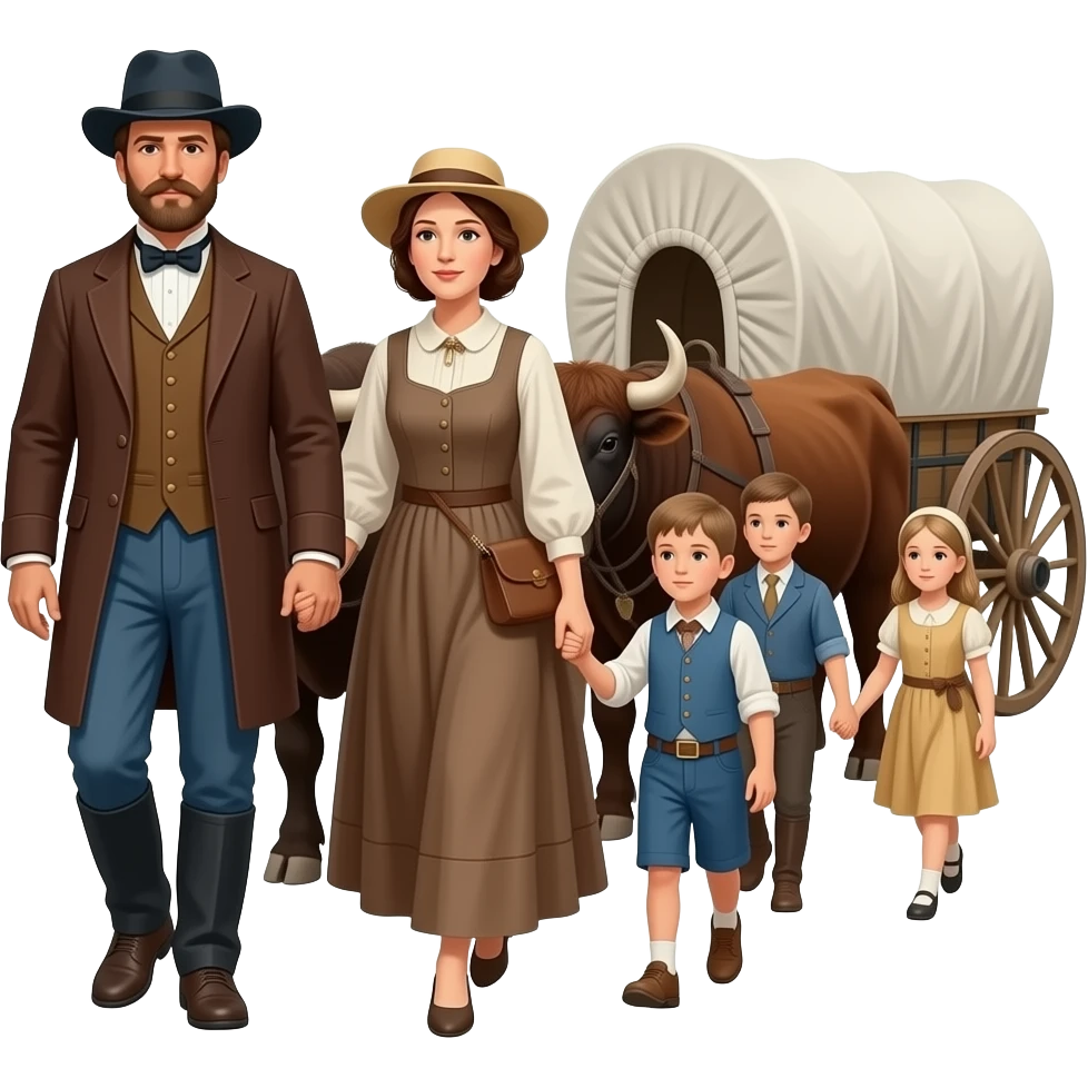 pioneer family with husband, wife, and children walking 1850 on the oregon trail facing sideways with covered wagon and oxen emoji
