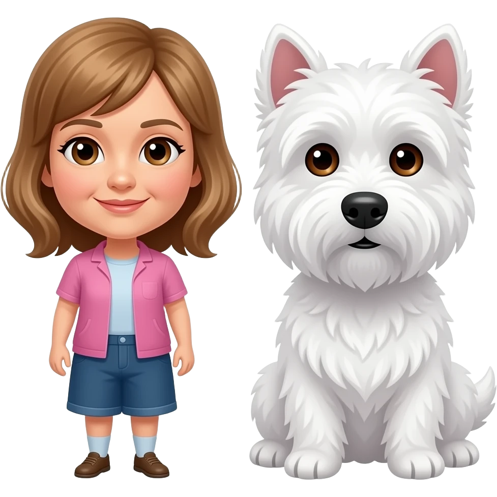 Middle age woman brown eyes , shoulder length light brown hair, with a female westie and a male westie emoji