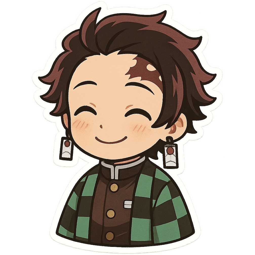 Tanjiro Kamado chibi style, green checkered haori, hanafuda earrings, short black hair with burgundy tips, smiling emoji