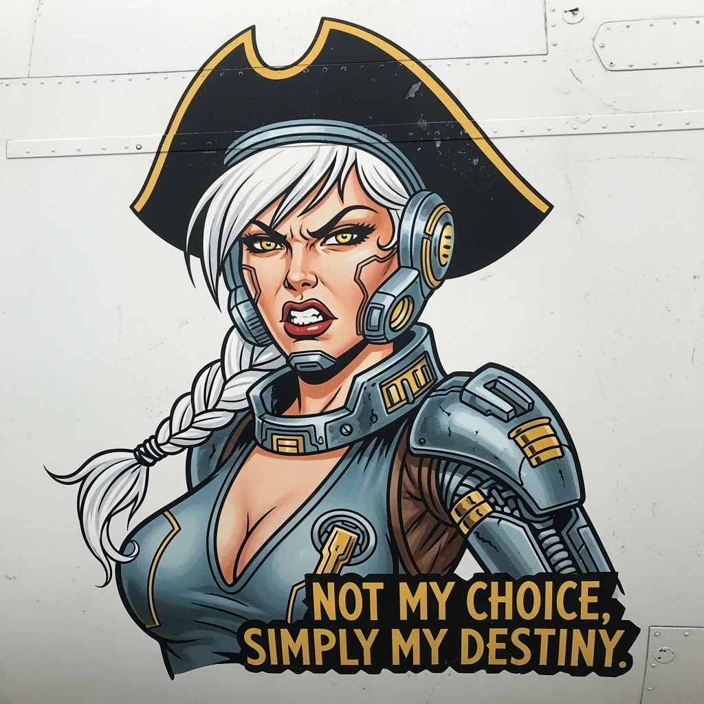 a retro military pinup fuselage decoration for the motto " not my choice, simply my destiny "
the female figure, white hair 1 braid, gold yellow eyes, spacer, fierce, exo-pirate, menacing emoji