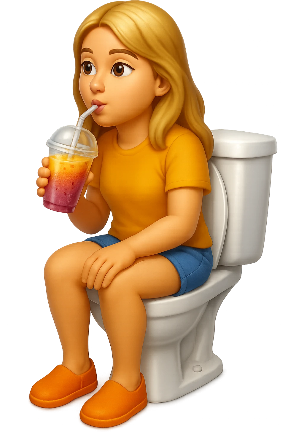 emoji stile iphone di una donna seduta sul wc che beve uno smoothies colorato, iperrealistico 4k emoji