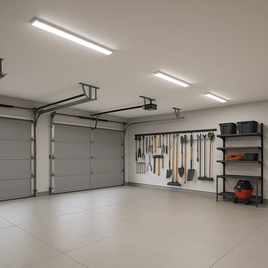 modern garage with three doors, organized tools, bright lighting emoji