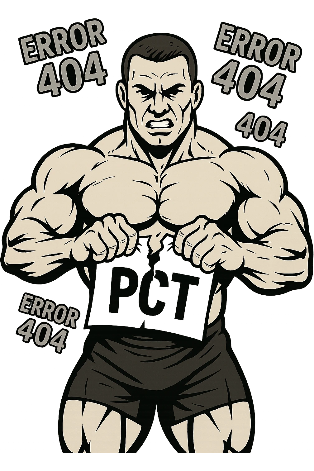 bodybuilder che strappa un foglio con la scritta "PCT" INTORNO A LUI FLUTTUANO LE PAROLE "ERROR 404" emoji