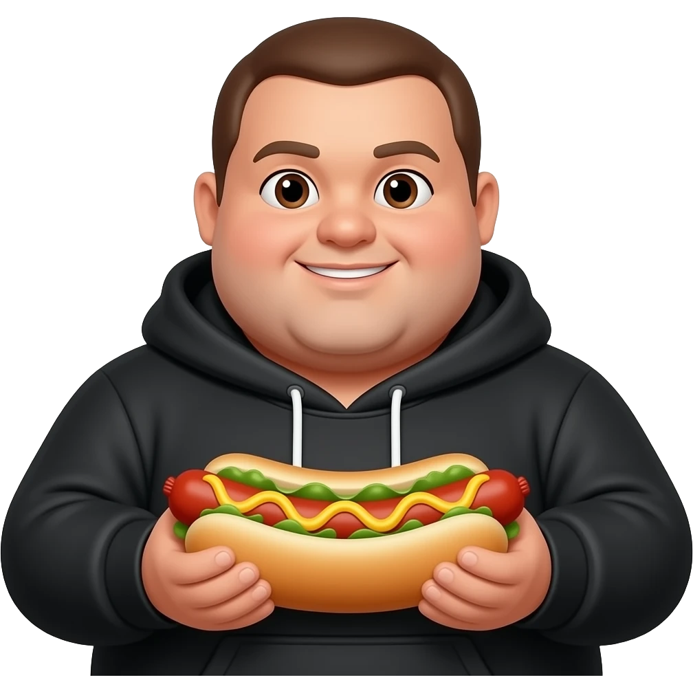 fat round puffy light tan brown skin black hoodie short fro fat chubby with face fragmented collage face straight face ugly holding a hotdog emoji