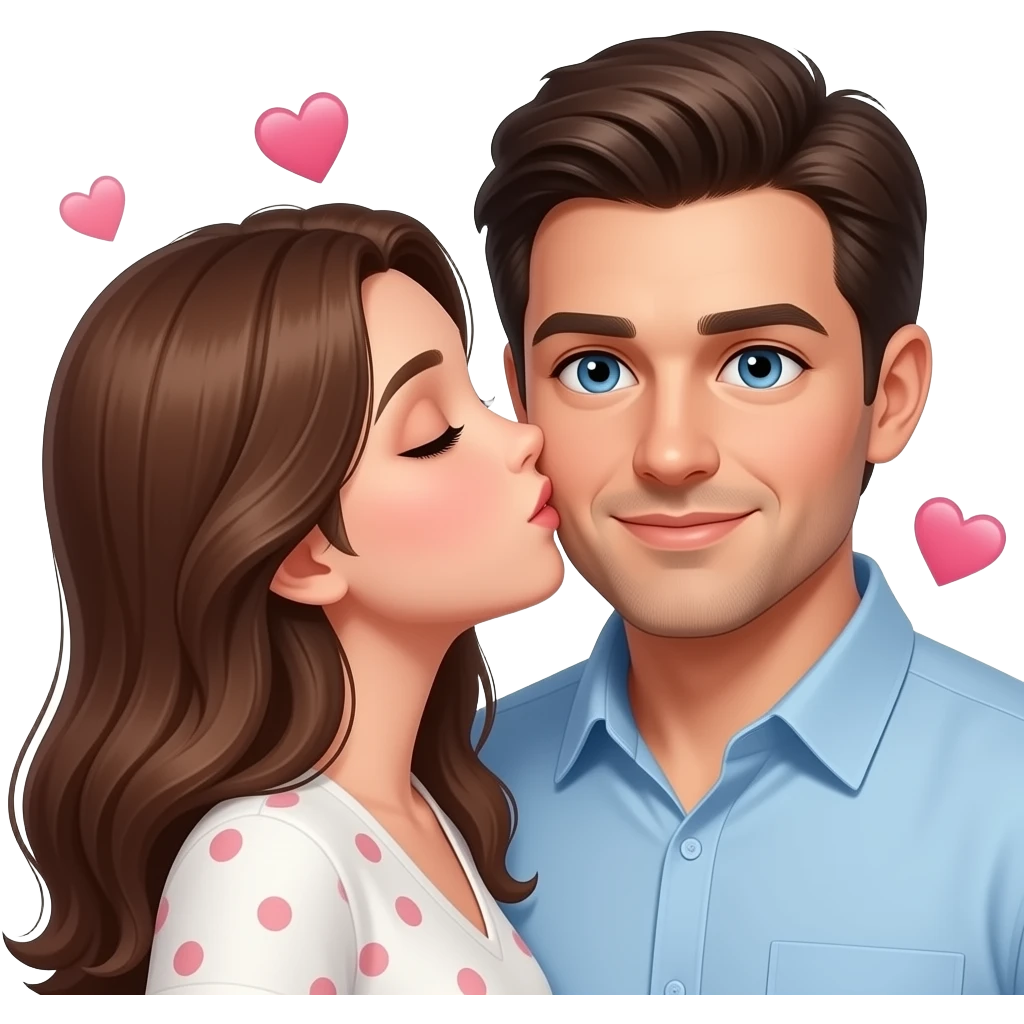 A realistic girl with brown long hair kissing a realistic man with dark brown hair and blue eyes with hearts emoji