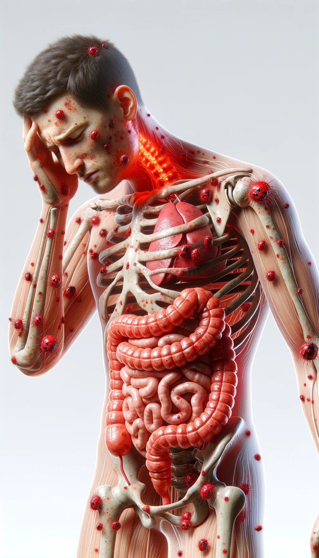corpo umano anatomico con parassiti nell'intestino e red spot di infiammazione sparsi sul corpo, espressione di dolore in volto, iperrealistico 4k , sfondo bianco emoji