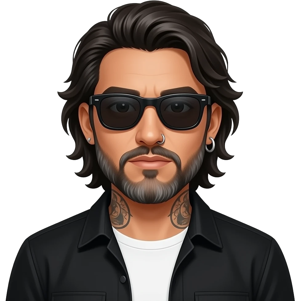 A handsome Latino man with medium length hair and pretty long beard with some grays and tattoos with a right nose hoop and a left earring hoop wearing all black with a white undershirt and black sunglasses emoji