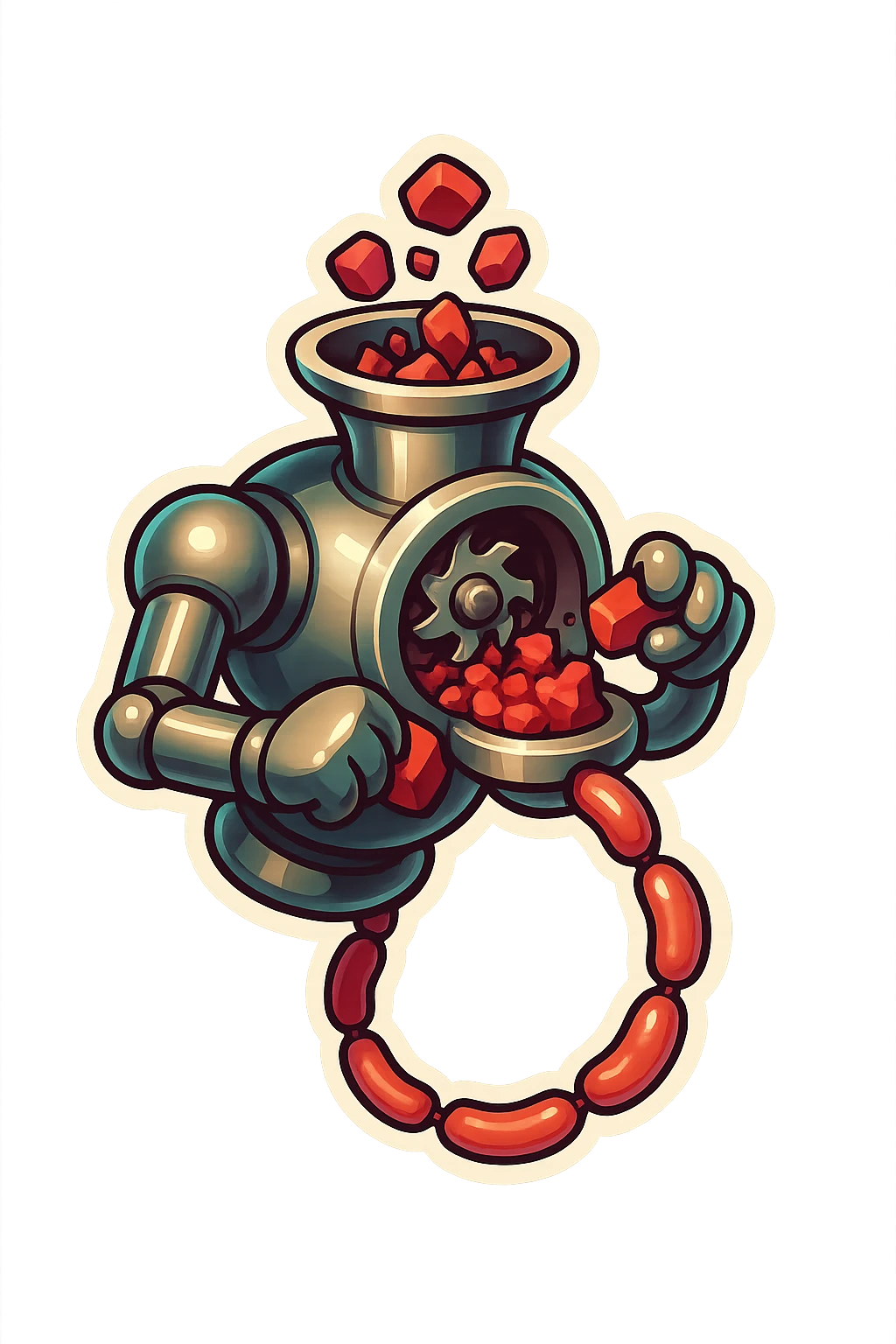 hovering robot. stuffs material into large hole on its top with 2 arms. no head. hole is where a head would be. spinning gears and blades in hole grind red chunks. sausage links come our of hole on backside.  3/4 view. between realism and cartoon. well lit. no dramatic lighting. metallic shiny robot. works diligently. dark humor emoji