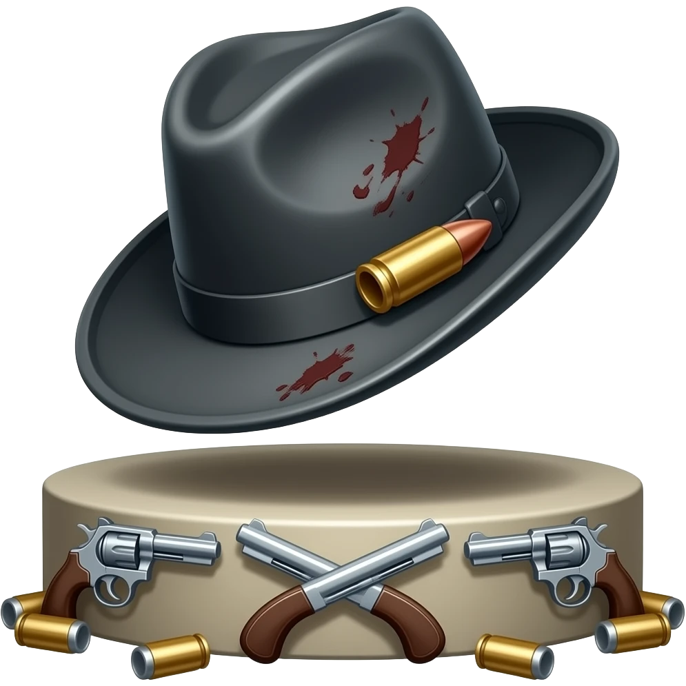3D значок даркнета: мафиозная фетровая федора с застрявшей пулей и следами пороха, парящая над круглой постаментом, украшенной скрещенными револьверами и россыпью гильз. Стиль: детализированный рендер, матовые материалы, контрастное студийное освещение. emoji
