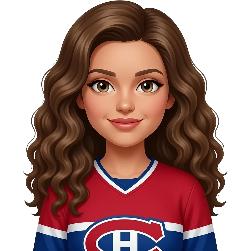 Habs fan red jersey emoji, tanned lady with long brown curly hair emoji