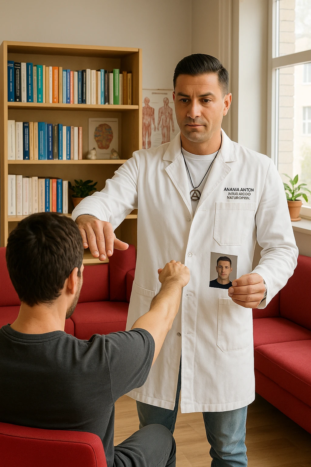 a middle-aged man, dressed in casual professional attire, is in a bright, organized therapy studio. Durante una visita di kinesiologia, il ragazzo tiene con una mano la foto di una persona lontana (il “testimone”) tiene la foto in mano, mentre con l’altra mano esegue un test muscolare su un cliente presente senza foto. Sullo sfondo si vedono libri di kinesiologia, poster anatomici e strumenti tipici della disciplina. L’atmosfera è concentrata e serena, con luce naturale che entra dalla finestra, sottolineando l’aspetto alternativo e umano della pratica. emoji