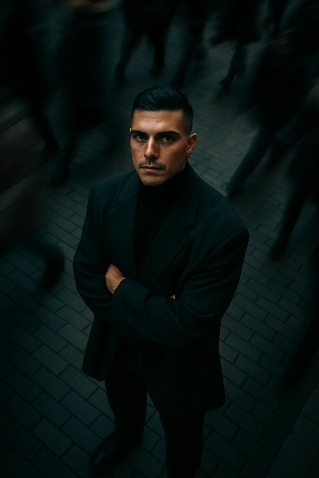 overhead shot of me standing still on a brick city sidewalk, wearing a dark oversized blazer,motion-blurred crowd rushes past around me. Moody lighting, 35mm film look, shallow depth of field, sharp focus on me. emoji