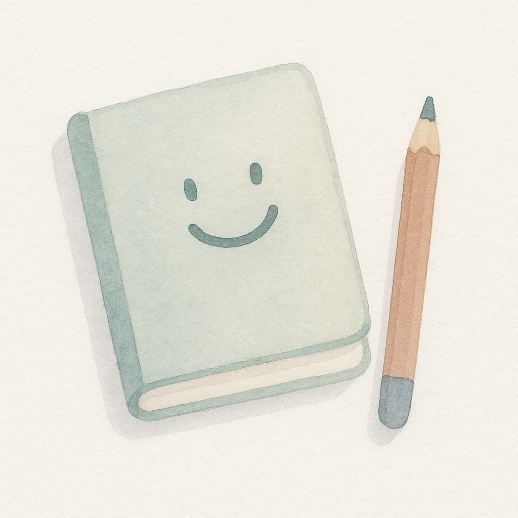 minimalist happy notebook with pencil, symbolizing daily writing and reflection, watercolor art style emoji