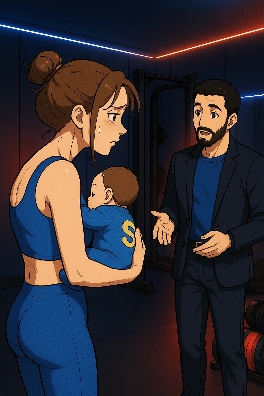 ispirati a questo stile di disegno e fai questa immagine in versione manga/webtoon a colori, il manga mostra la donna preoccupata di profilo con la postura sbagliata e incurvata, spalle chiuse e curve in avanti, con un neonato in braccio con una tutina azzurra e la scritta "S" sulla schiena, spina dorsale storta della donna in evidenza mentre ascolta l'uomo mentre l'uomo gli sta spiegando una cosa, ma non fare i fumetti, fai come se stessero parlando emoji