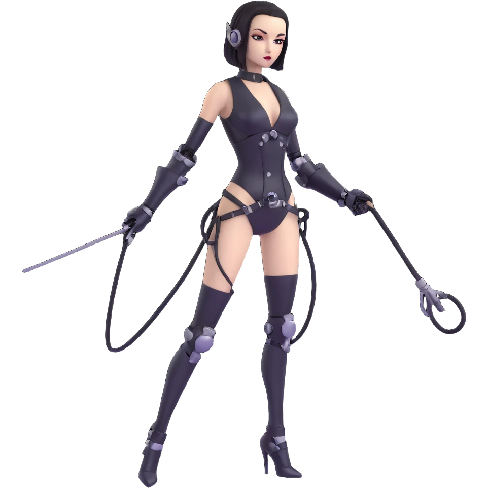 slender sexy female robot emoji, black metal, dominatrix style, holding a whip emoji