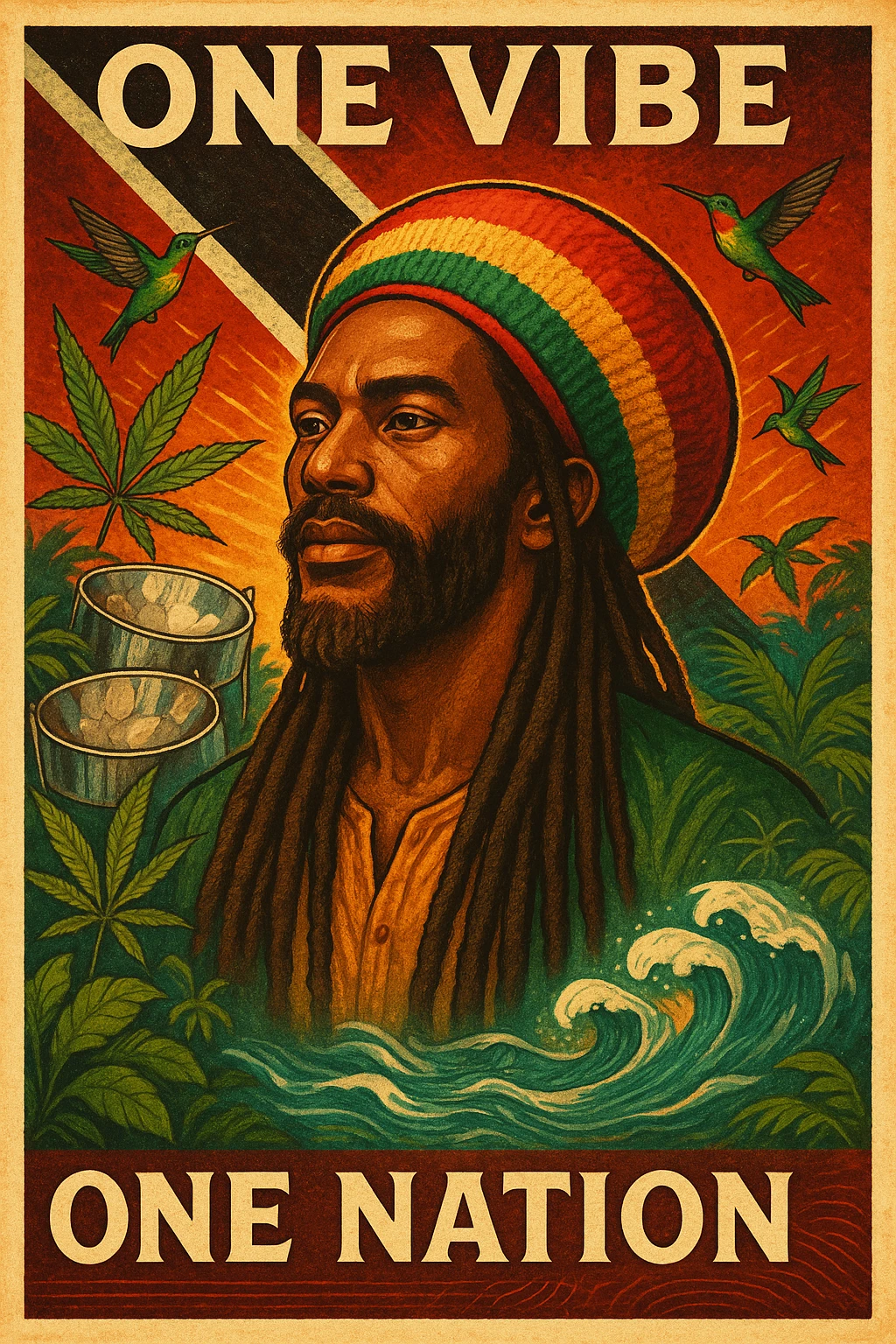 Create a vibrant digital illustration in vintage poster style featuring a proud Trinidadian Rasta man with long dreadlocks and a bold red, gold, and green tam. The background should incorporate the Trinidad and Tobago flag in a stylized, textured way — using deep red, black, and white tones that blend with tropical elements. Surround the figure with iconic cultural symbols like steelpan drums, ganja leaves, and hummingbirds in flight. Add warm Caribbean sunlight, ocean waves, and lush greenery to enhance the island energy. The Rasta man should radiate peace, power, and island wisdom — with bold facial features, calm expression, and a sense of spiritual presence. The overall tone should be rootsy, regal, and rich with island soul — merging reggae culture with Trinidadian pride. Optional accents: subtle soca rhythm lines in the background or a quote like “One Vibe, One Nation.” emoji