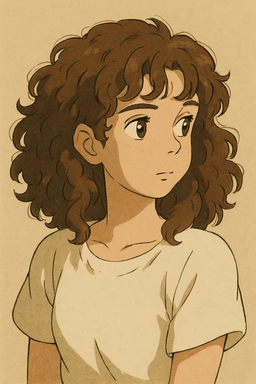 white girl with brown eyes and brown hazelnut curly hair 3b-3c, looking to the side, upper body, plain background, ghibli-inspired style emoji