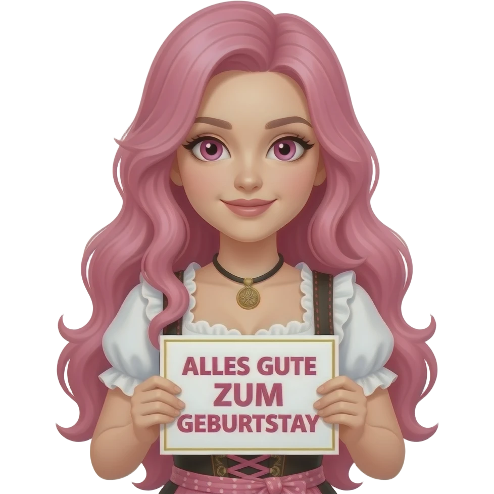 sexy girl with long pink hair and pink eyes wearing a dirndl holding a ALLES GUTE ZUM GEBURTSTAG sign emoji