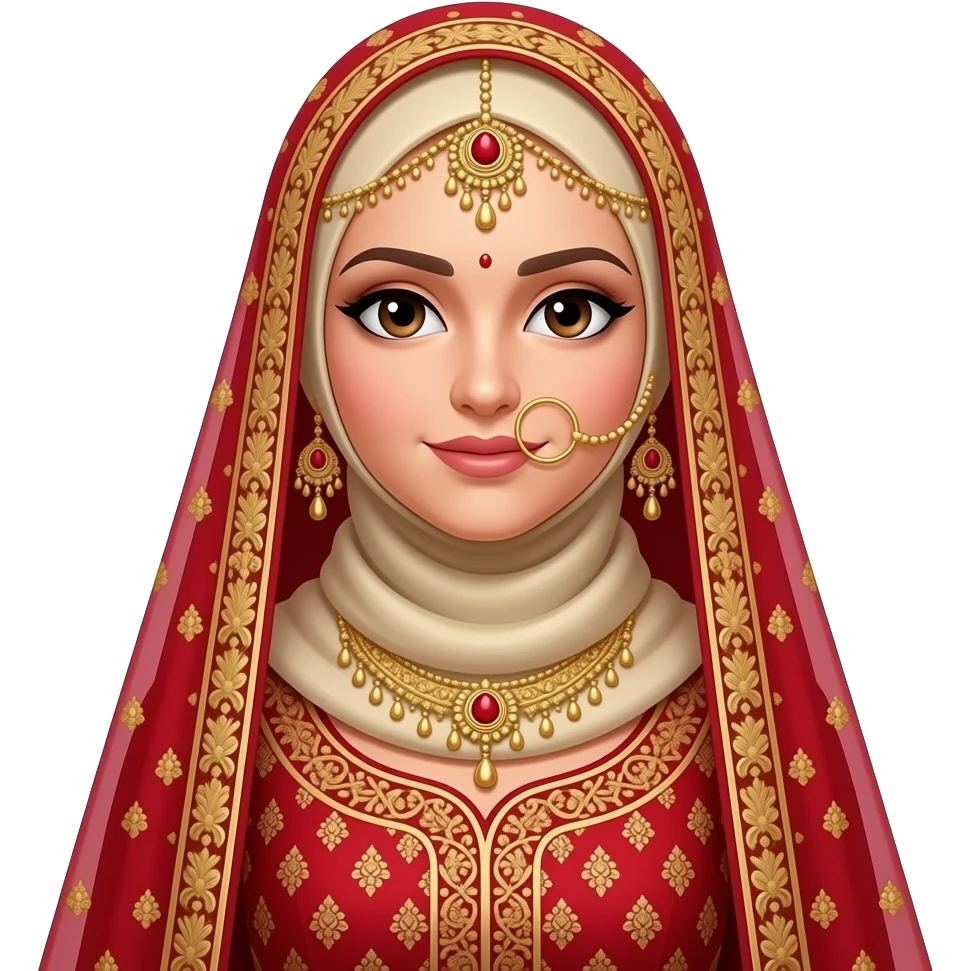 A hijabi south Asian bride in traditional red and gold attire emoji