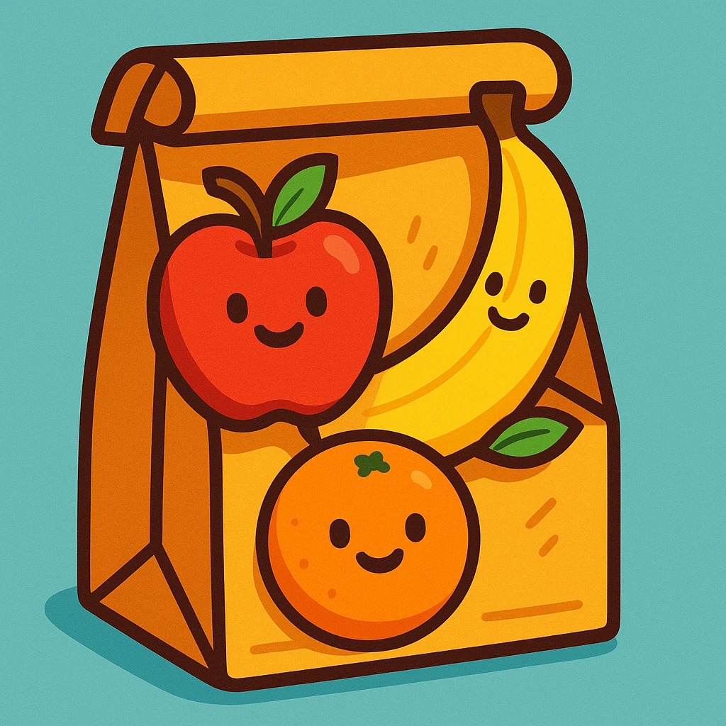 cartoon style lunch bag with fruit inside, bright colors, smiling fruit, simple background emoji