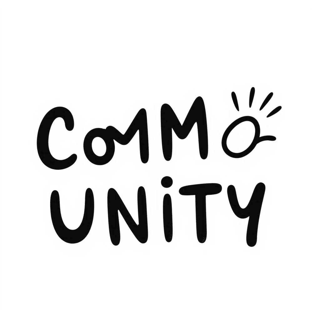 the word 'Community' in a square, hand-drawn style, casual, inviting, with a touch of warmth emoji