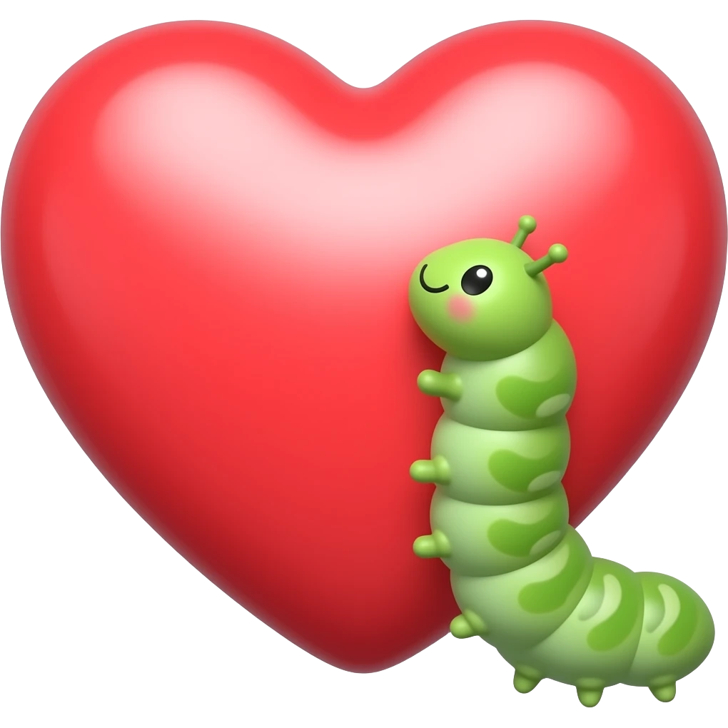 Adorable green itty bitty tiny little catipillar crawling up the side of a big heart emoji