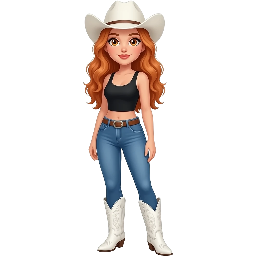 sexy girl with long wavy ginger hair and ginger eyes says wearing blue jeans with white cowboy boots, a white black top and a white cowboy hut emoji