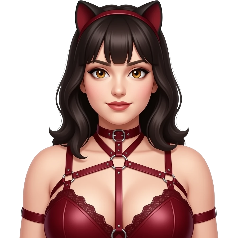 Dominatrix wearing a darkred bdsm style harness lingerie. White skin, chubby, halflong dark hair, hazel emoji