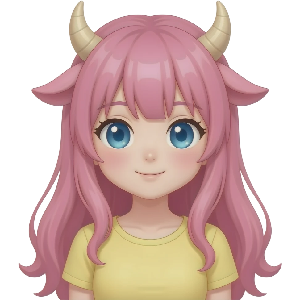 Cute pretty anime lady with horns, pink hair, pink cow ears, pastel yellow shirt, light blue eyes emoji