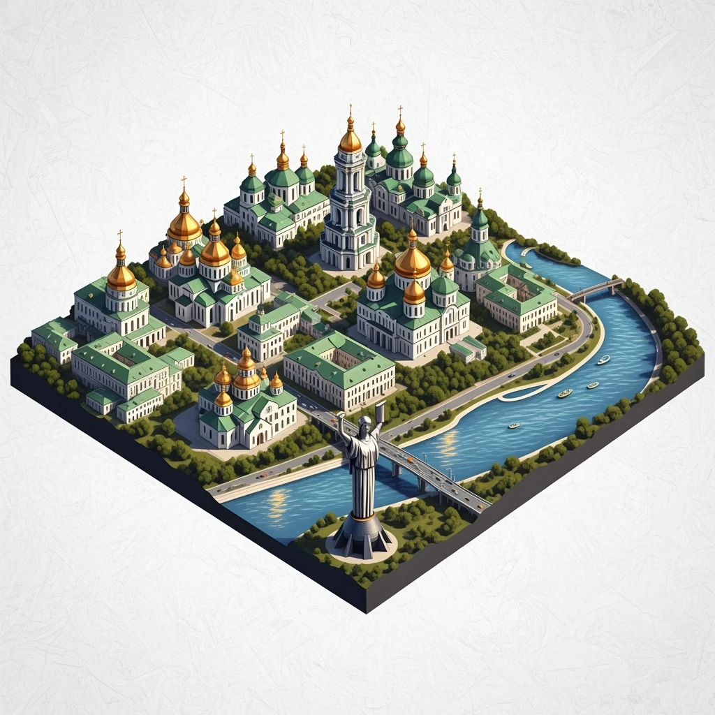 Isometric illustration of photorealistic Kyiv, balanced between paint stylized and realistic, 3D miniature effect, transparent background. emoji