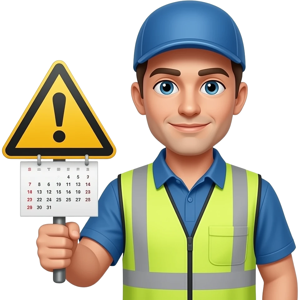 ein müllmann, der ein warmschild mit einem kalender hälöt emoji