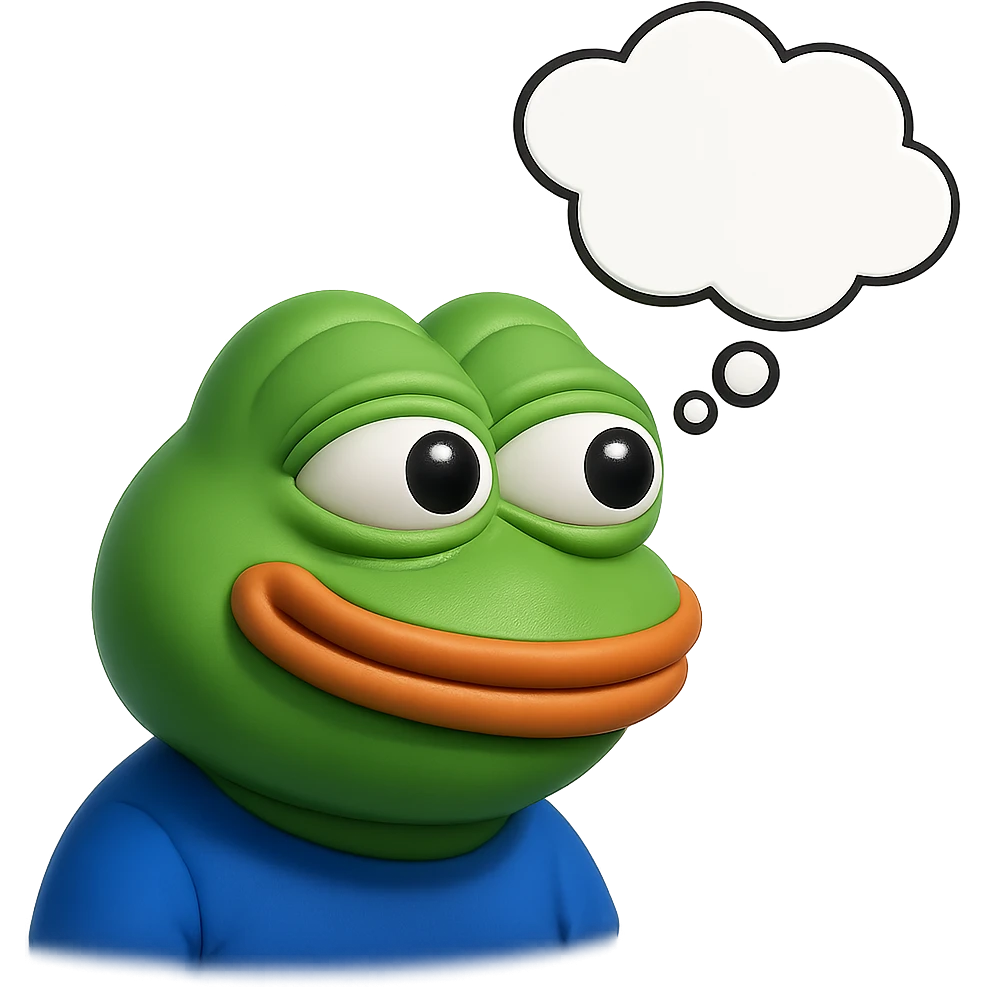 make a pepe in bright green smiling with thought bubble looking at left side in 3d style, good highlights and shadows, drop shadows emoji