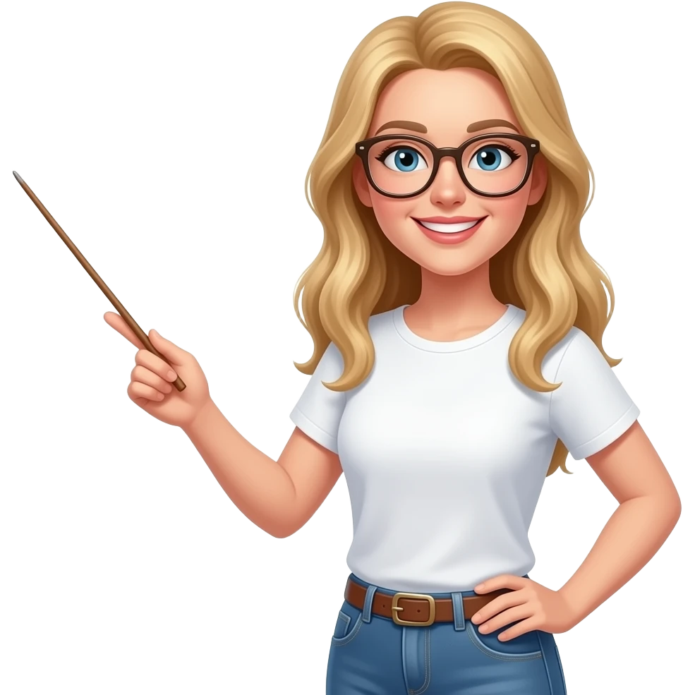 strawberry blonde fair skinned long hair woman in white tshirt and glasses smiling pointing to a presentation with a stick emoji