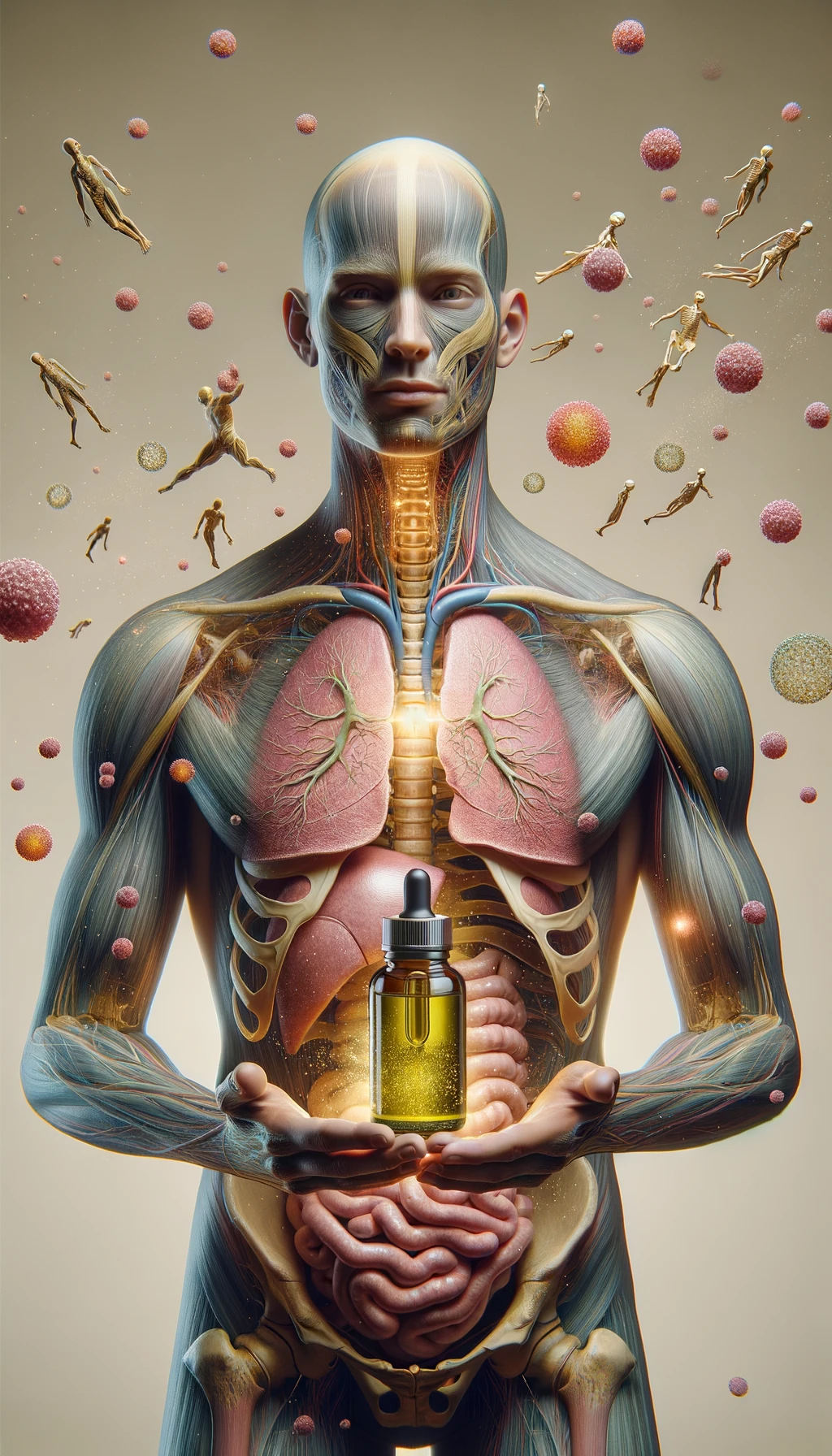 corpo umano anatomico tiene in mano l'olio di enotera, intorno a lui fluttuano particelle di ormoni umani, sfondo neutro chiaro, iperrealistico 4k emoji