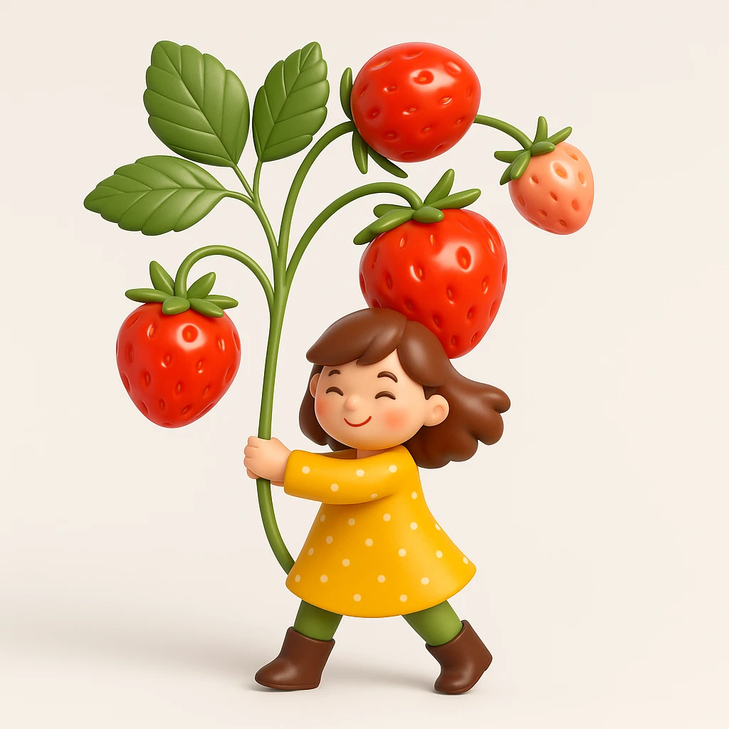 Create a 3D iOS-style image of a girl in a yellow dress holding a large strawberry plant with big strawberries and green leaves. The image should have soft lighting and a glossy effect, with no background. The proportions should be square (1:1). Render in GPT Image style with a 3D iOS aesthetic. emoji