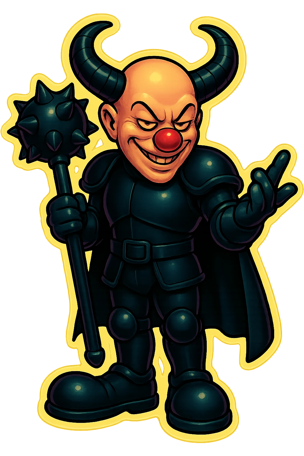 An evil, menacing armored clown with no hair, ram horns pointing up, masculine and powerful build, glossy black on matte black armor, short cape hanging down, large black clown shoes, standing relaxed with feet close together, arms down, oversized spiked mace hanging to the ground, eyes barely open, sinister smile, gesturing with his free hand, vibrant retro stickers style, no yellow aged tint, full body, transparent background. emoji