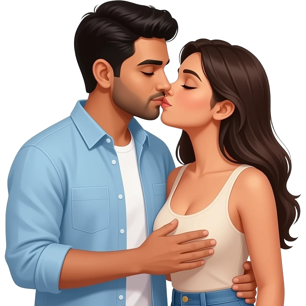 Husband kissing wife lovingly Indian couple modern casual dress. Husband hand on wife chest. Lady low neck, husband no beard no moustache emoji