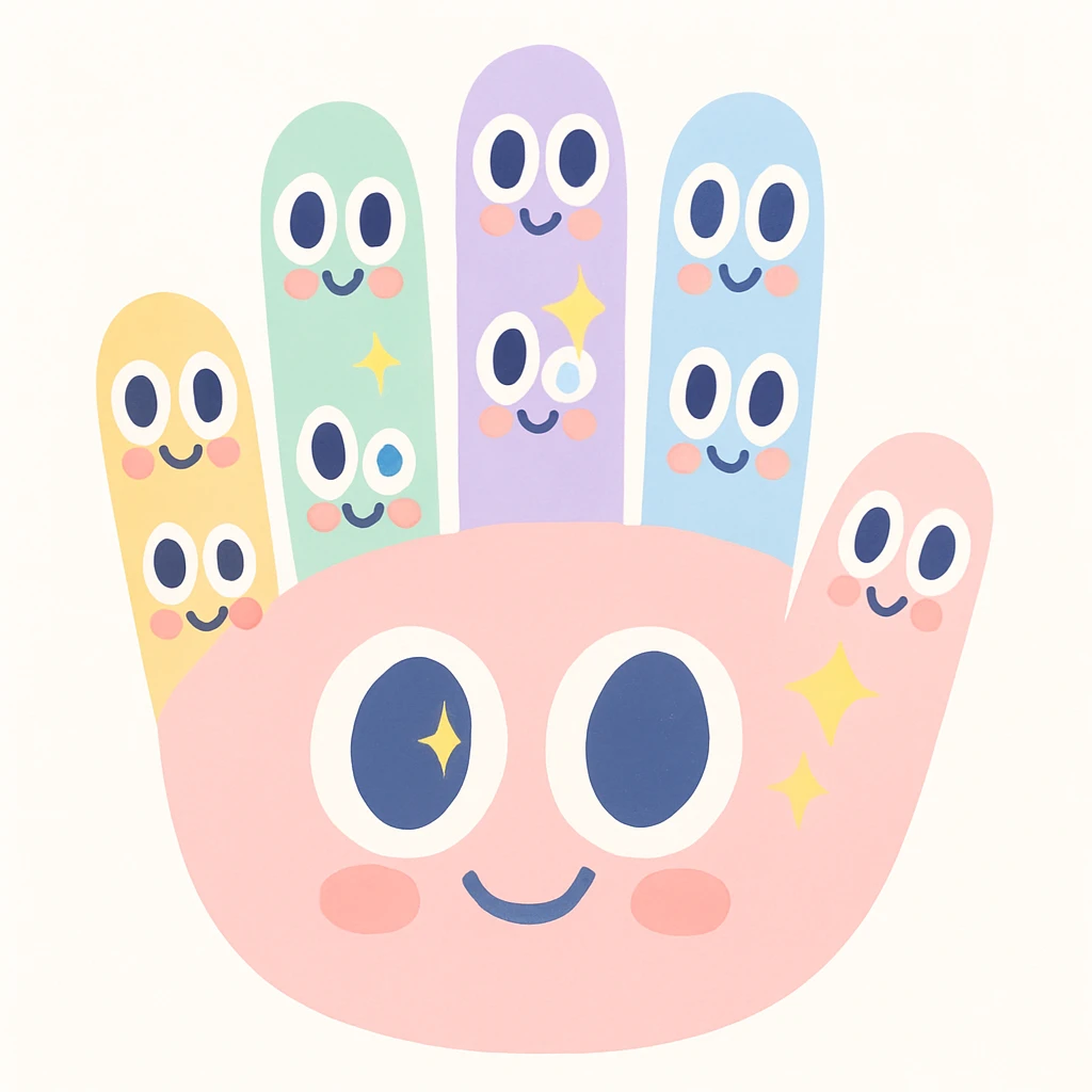 a whimsical style hand with multiple small eyes on the fingers, cute and charming emoji