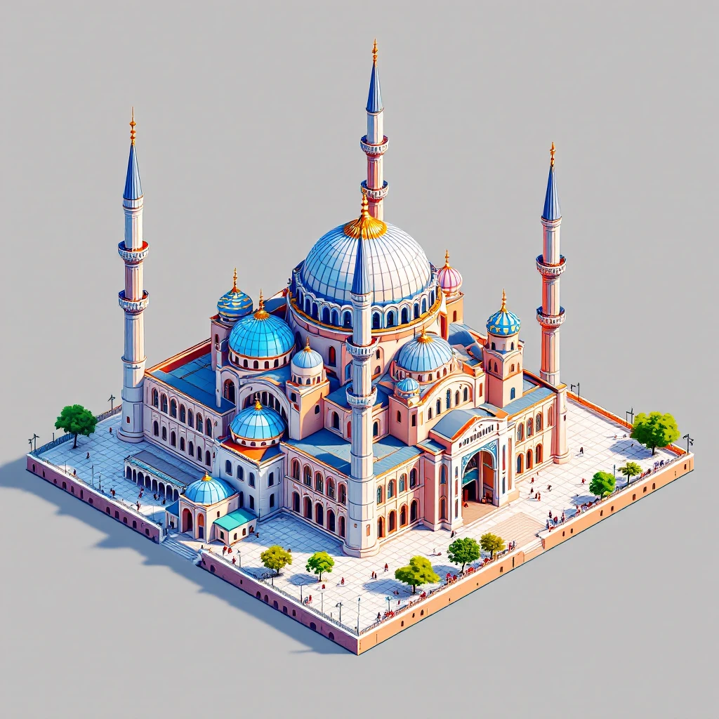 Isometric illustration of Istanbul, featuring photorealistic Hagia Sophia with with colorful onion domes, transparent background emoji